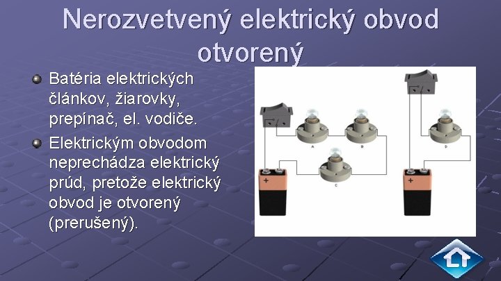 Nerozvetvený elektrický obvod otvorený Batéria elektrických článkov, žiarovky, prepínač, el. vodiče. Elektrickým obvodom neprechádza