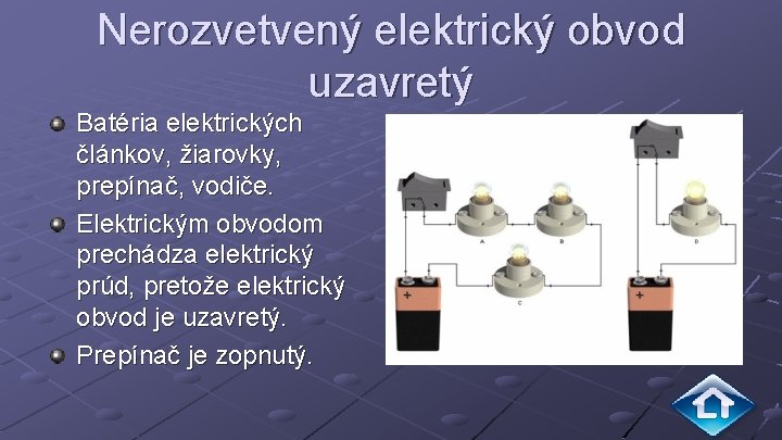 Nerozvetvený elektrický obvod uzavretý Batéria elektrických článkov, žiarovky, prepínač, vodiče. Elektrickým obvodom prechádza elektrický