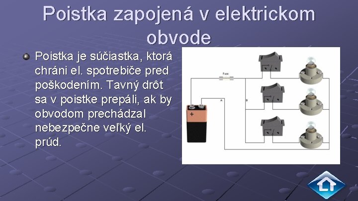 Poistka zapojená v elektrickom obvode Poistka je súčiastka, ktorá chráni el. spotrebiče pred poškodením.