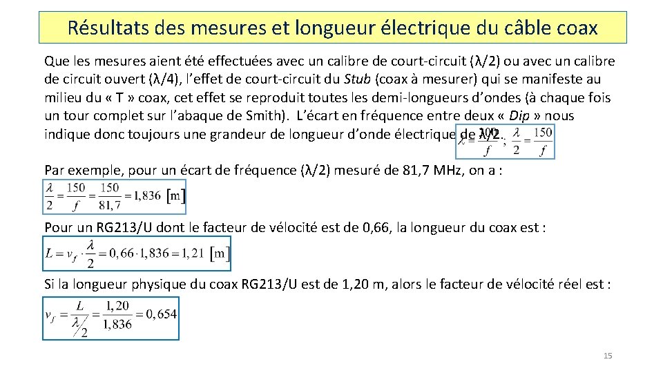 Résultats des mesures et longueur électrique du câble coax Que les mesures aient été