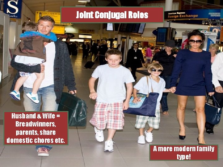 Joint Conjugal Roles Husband & Wife = Breadwinners, parents, share domestic chores etc. A