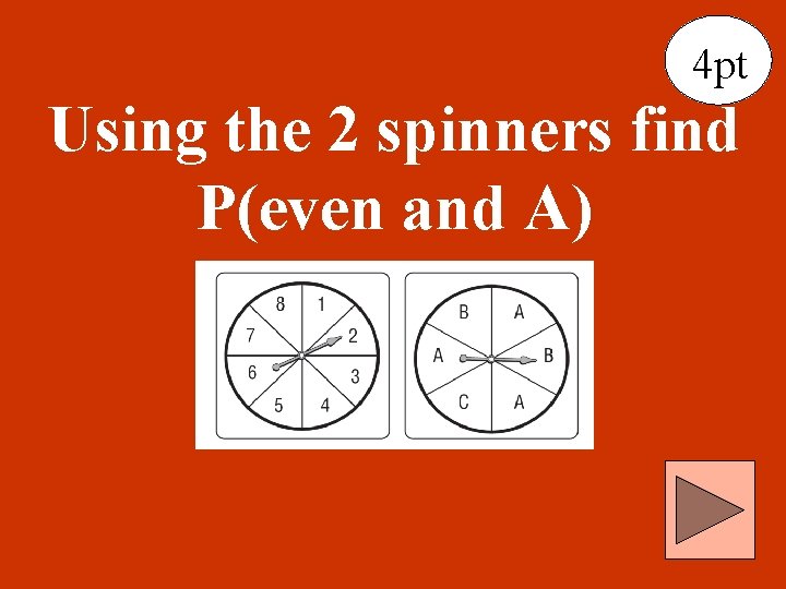 4 pt Using the 2 spinners find P(even and A) 