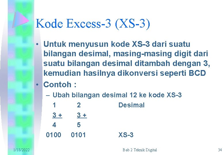 Kode Excess-3 (XS-3) • Untuk menyusun kode XS-3 dari suatu bilangan desimal, masing-masing digit