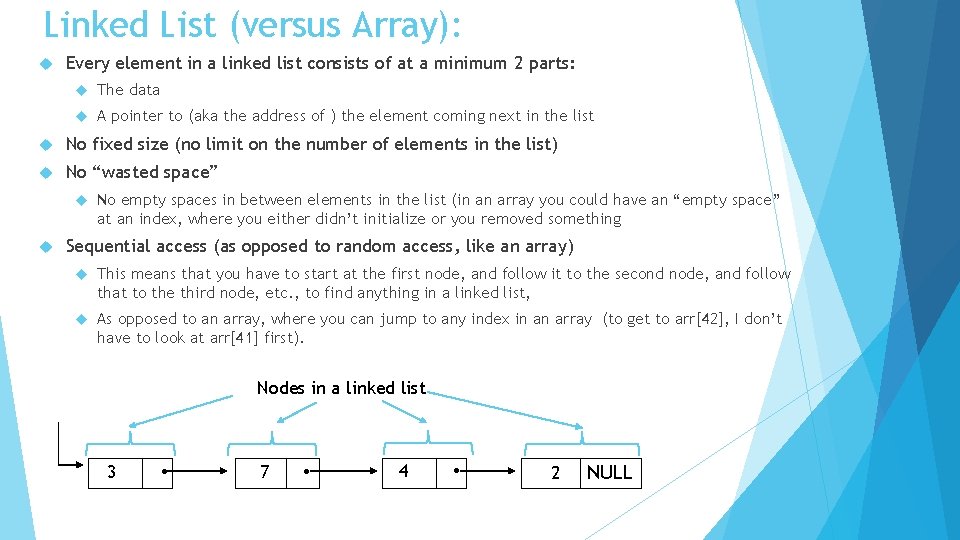 Linked List (versus Array): Every element in a linked list consists of at a