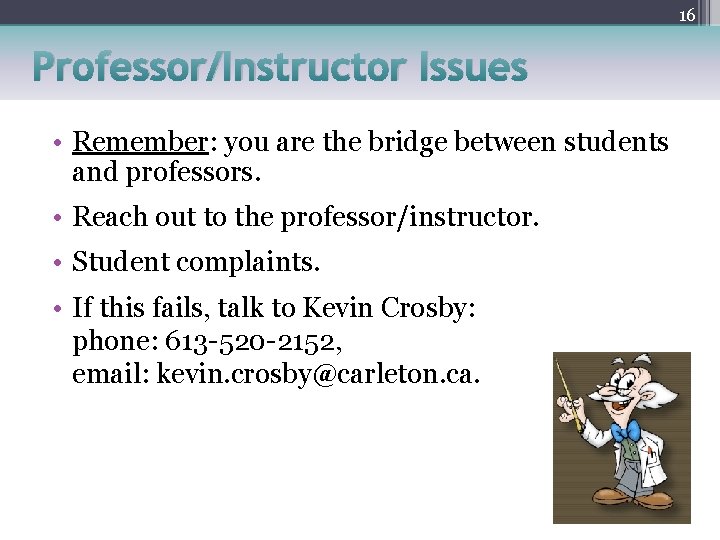 16 Professor/Instructor Issues • Remember: you are the bridge between students and professors. •