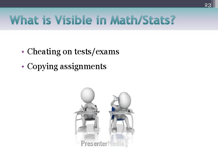 23 What is Visible in Math/Stats? • Cheating on tests/exams • Copying assignments 