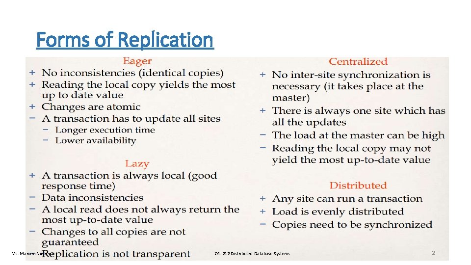 Forms of Replication Ms. Mariam Nosheen CS- 212 Distributed Database Systems 2 