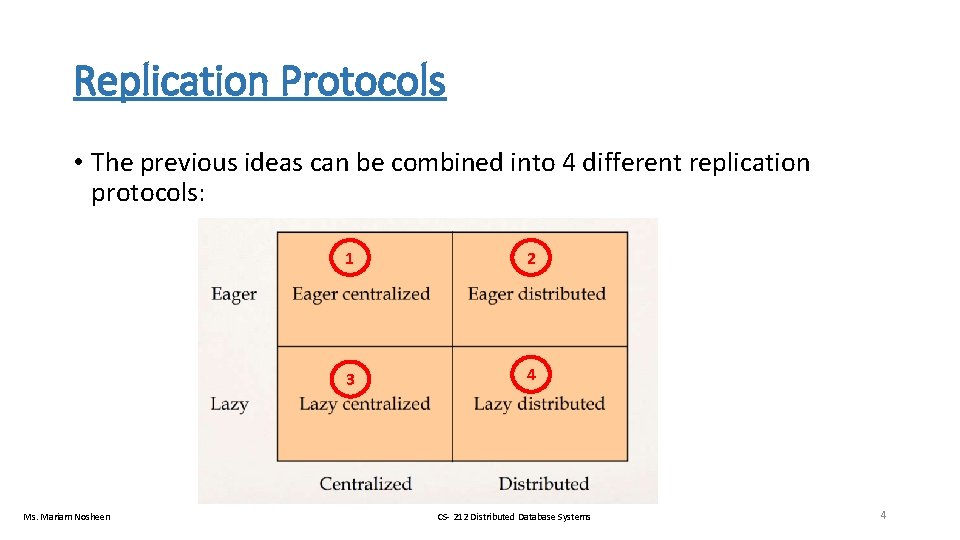 Replication Protocols • The previous ideas can be combined into 4 different replication protocols: