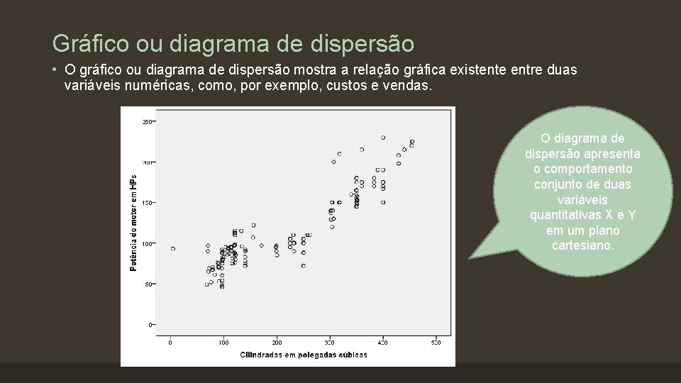 Gráfico ou diagrama de dispersão • O gráfico ou diagrama de dispersão mostra a