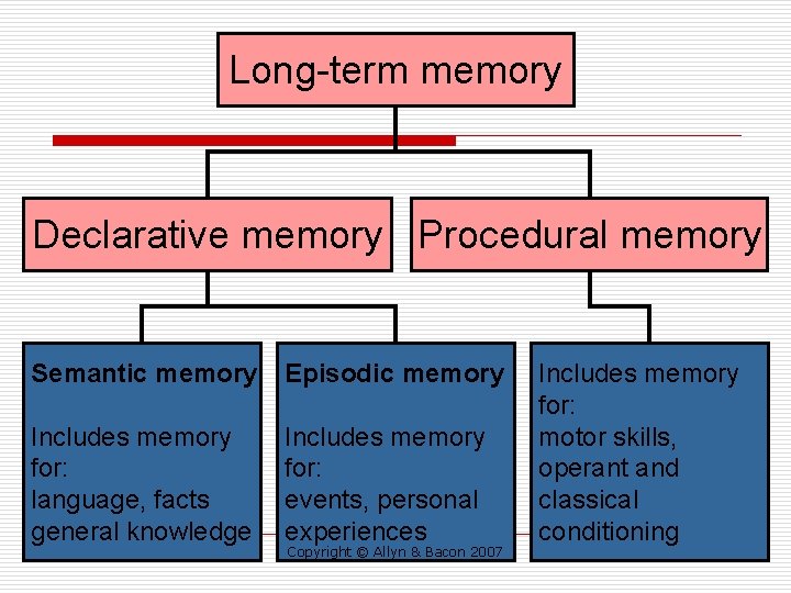 Long-term memory Declarative memory Procedural memory Semantic memory Episodic memory Includes memory for: language,