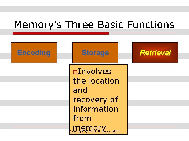 Memory’s Three Basic Functions Encoding Storage o. Involves the location and recovery of information