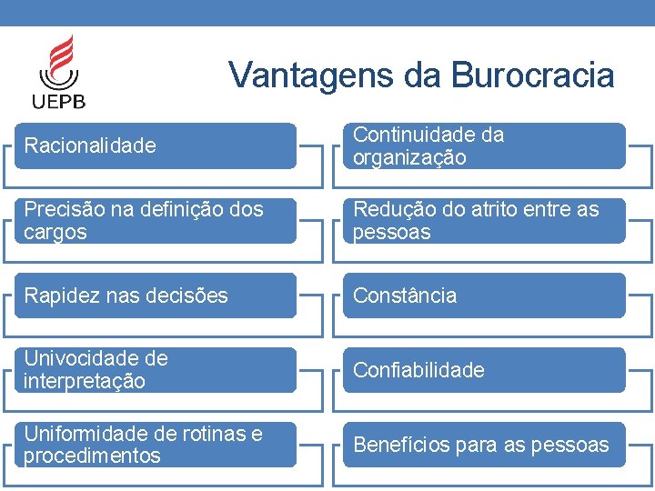 Vantagens da Burocracia Racionalidade Continuidade da organização Precisão na definição dos cargos Redução do