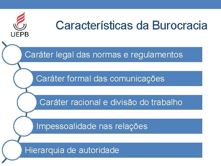 Características da Burocracia Caráter legal das normas e regulamentos Caráter formal das comunicações Caráter