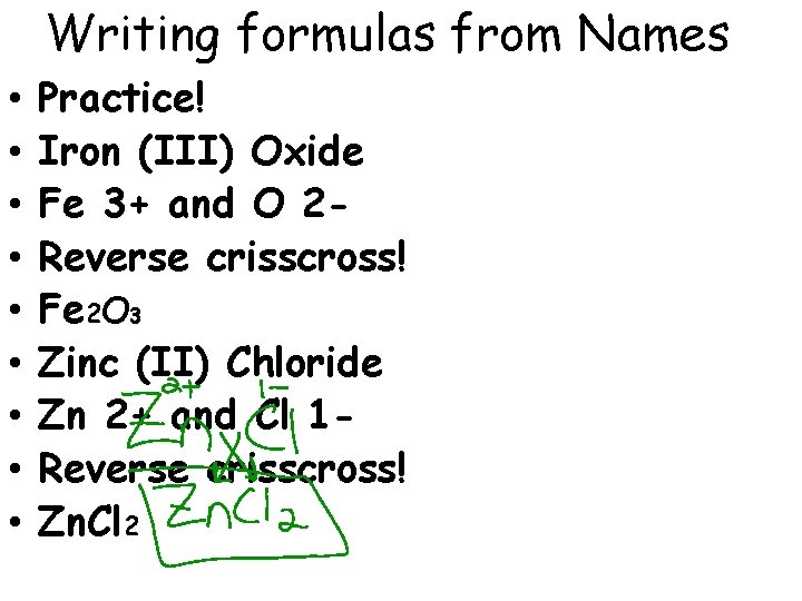 Writing formulas from Names • • • Practice! Iron (III) Oxide Fe 3+ and