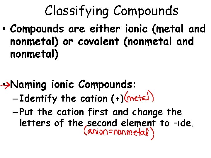 Classifying Compounds • Compounds are either ionic (metal and nonmetal) or covalent (nonmetal and