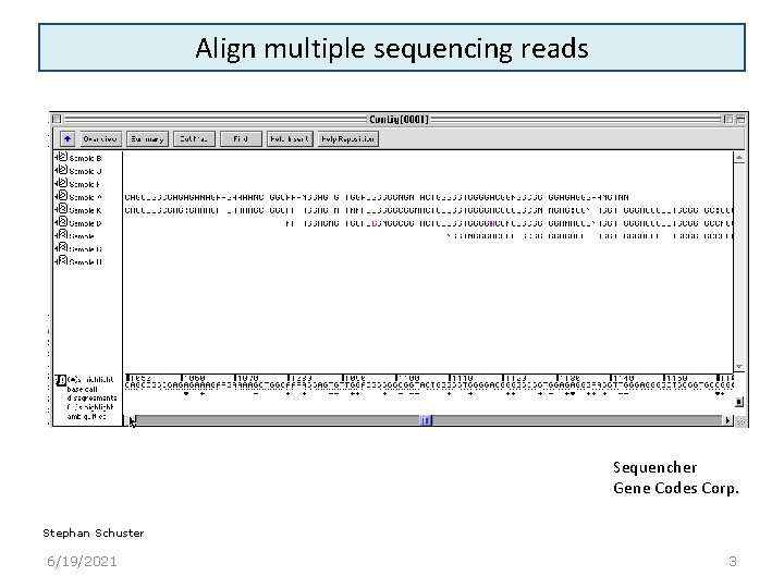 Align multiple sequencing reads Sequencher Gene Codes Corp. Stephan Schuster 6/19/2021 3 