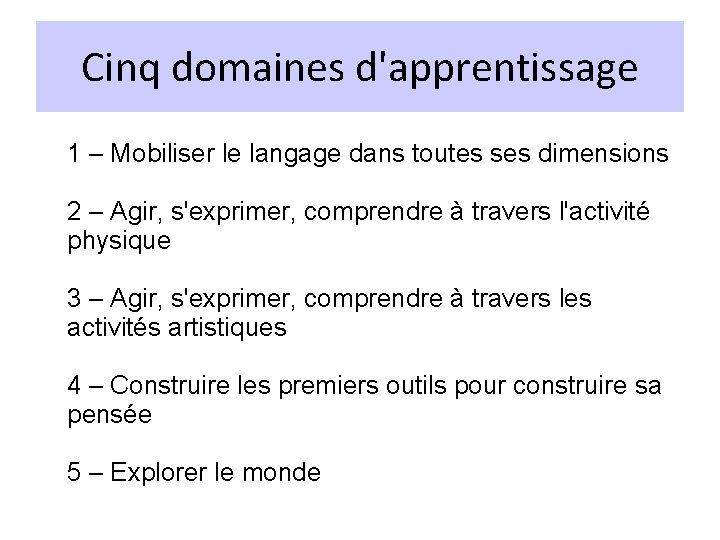 Cinq domaines d'apprentissage 1 – Mobiliser le langage dans toutes ses dimensions 2 –