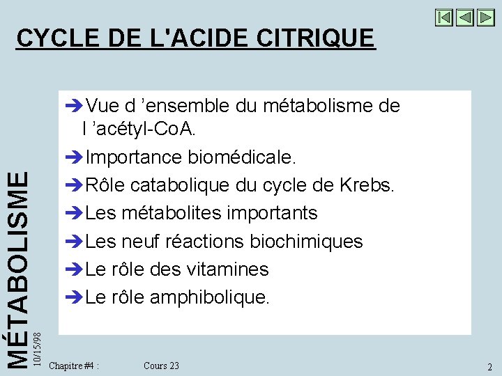 10/15/98 MÉTABOLISME CYCLE DE L'ACIDE CITRIQUE èVue d ’ensemble du métabolisme de l ’acétyl-Co.