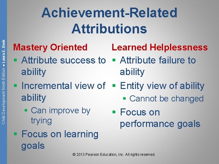 Child Development Ninth Edition ● Laura E. Berk Achievement-Related Attributions Mastery Oriented Learned Helplessness