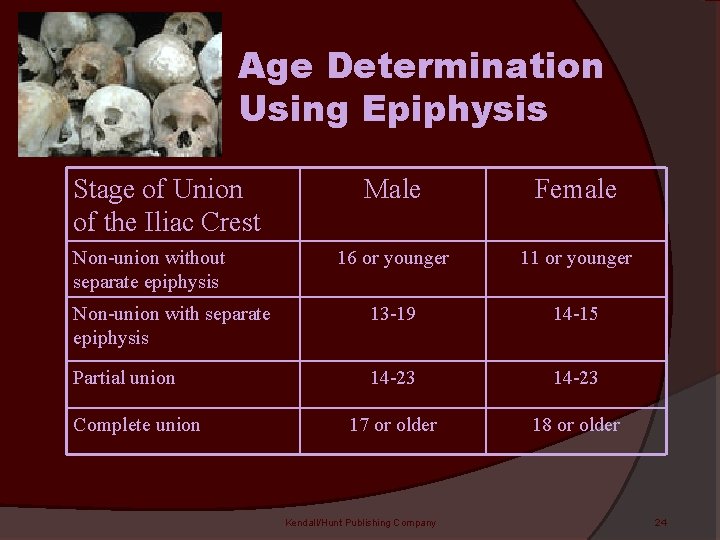Age Determination Using Epiphysis Stage of Union of the Iliac Crest Male Female 16