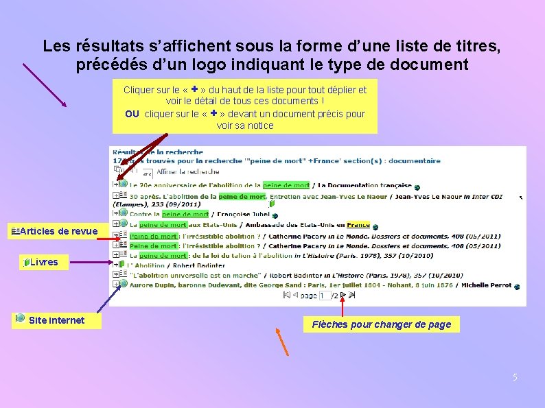 Les résultats s’affichent sous la forme d’une liste de titres, précédés d’un logo indiquant