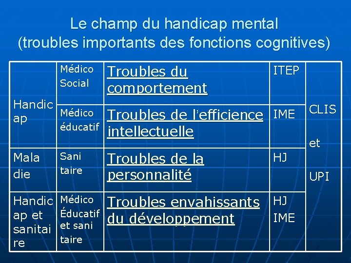 Le champ du handicap mental (troubles importants des fonctions cognitives) Médico Social Handic Médico