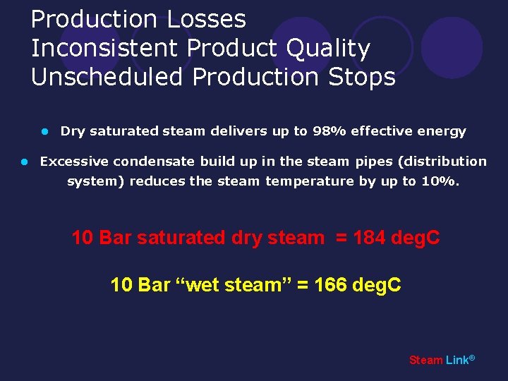 Production Losses Inconsistent Product Quality Unscheduled Production Stops l l Dry saturated steam delivers