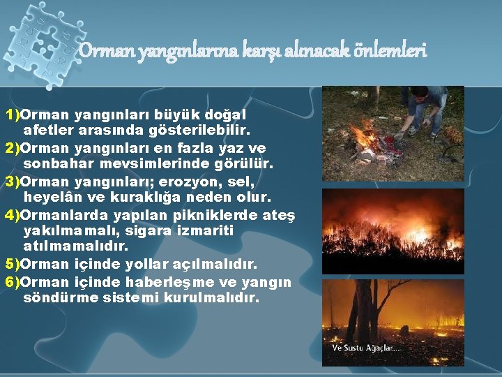 Orman yangınlarına karşı alınacak önlemleri 1)Orman yangınları büyük doğal afetler arasında gösterilebilir. 2)Orman yangınları