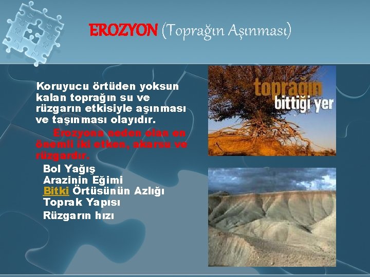 EROZYON (Toprağın Aşınması) Koruyucu örtüden yoksun kalan toprağın su ve rüzgarın etkisiyle aşınması ve