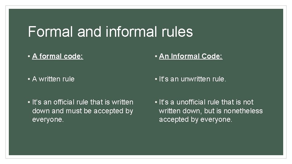 Formal and informal rules • A formal code: • An Informal Code: • A