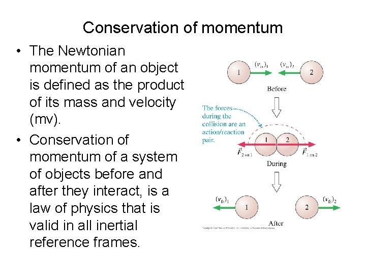 Conservation of momentum • The Newtonian momentum of an object is defined as the