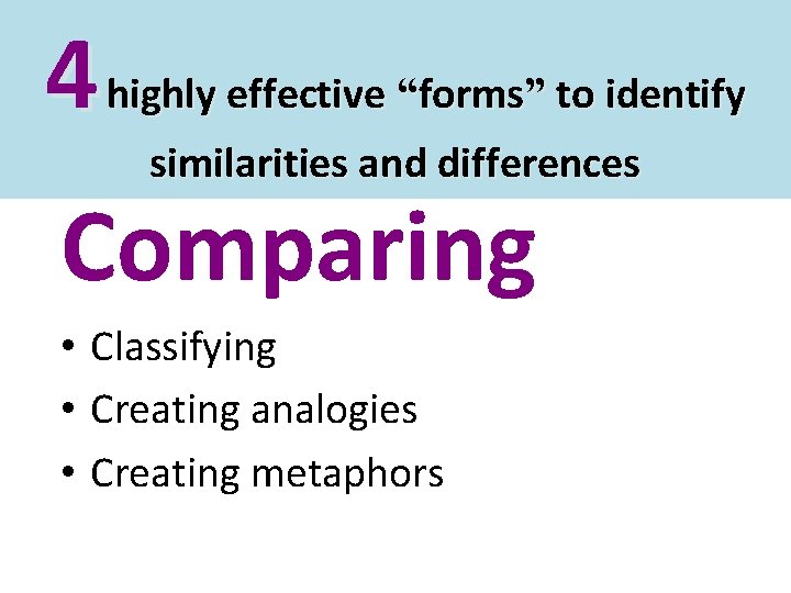 4 highly effective “forms” to identify similarities and differences Comparing • Classifying • Creating