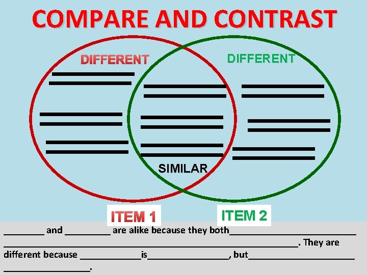 COMPARE AND CONTRAST DIFFERENT SIMILAR ITEM 1 ITEM 2 ____ and _____ are alike