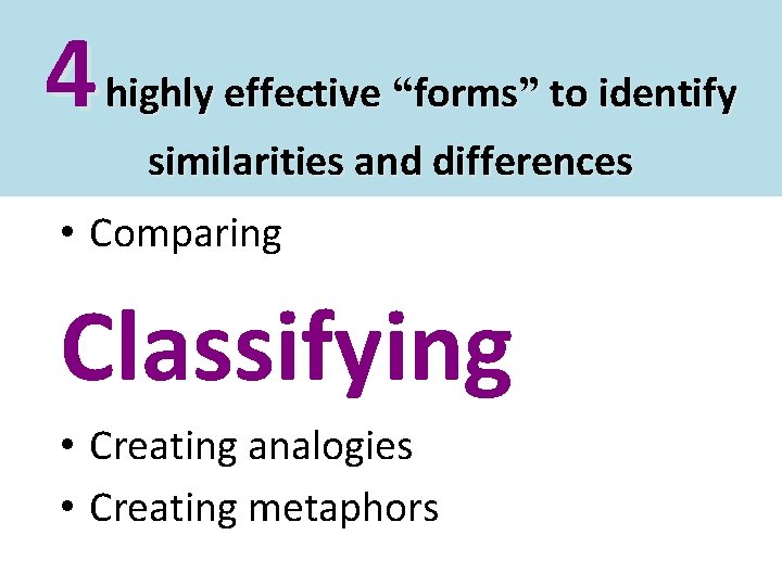 4 highly effective “forms” to identify similarities and differences • Comparing Classifying • Creating