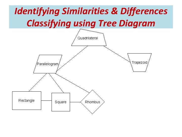 Identifying Similarities & Differences Classifying using Tree Diagram Quadrilateral Trapezoid Parallelogram Rectangle Square Rhombus