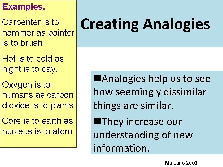 Examples, Carpenter is to hammer as painter is to brush. Hot is to cold
