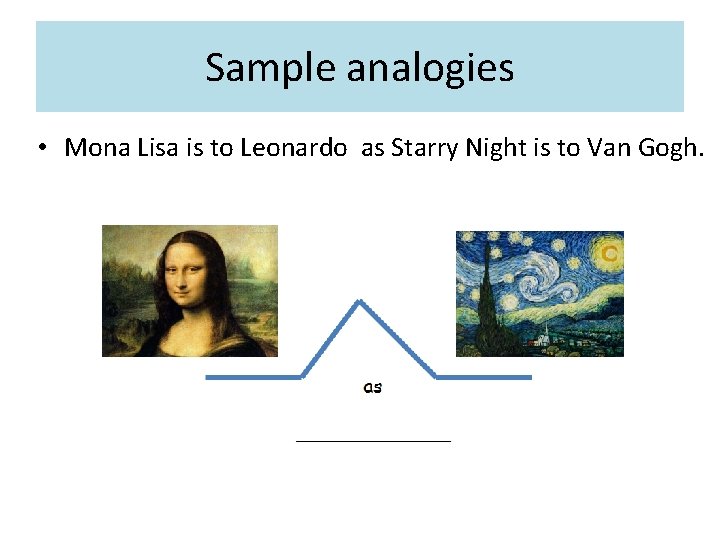 Sample analogies • Mona Lisa is to Leonardo as Starry Night is to Van