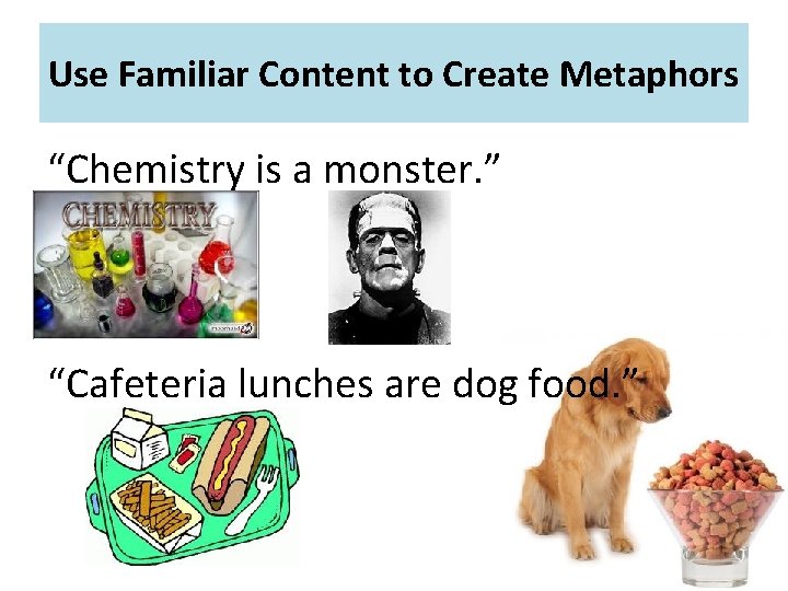 Use Familiar Content to Create Metaphors “Chemistry is a monster. ” “Cafeteria lunches are