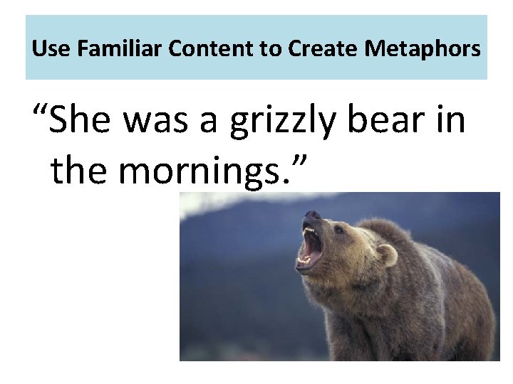 Use Familiar Content to Create Metaphors “She was a grizzly bear in the mornings.