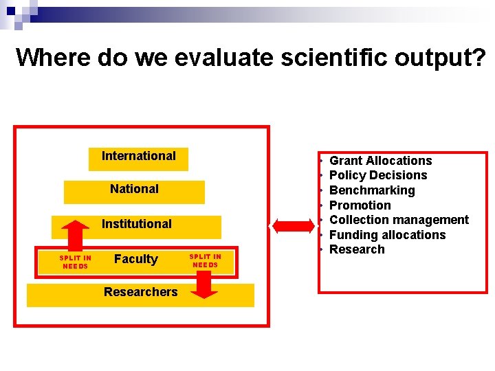 Where do we evaluate scientific output? International National Institutional SPLIT IN NEEDS Faculty Researchers