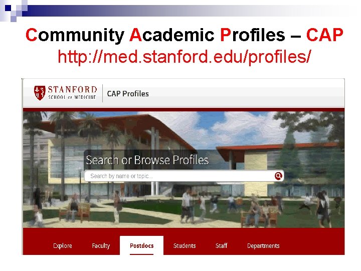 Community Academic Profiles – CAP http: //med. stanford. edu/profiles/ 