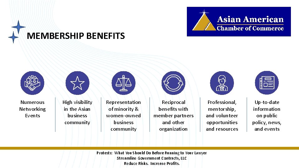 MEMBERSHIP BENEFITS Numerous Networking Events High visibility in the Asian business community Representation of