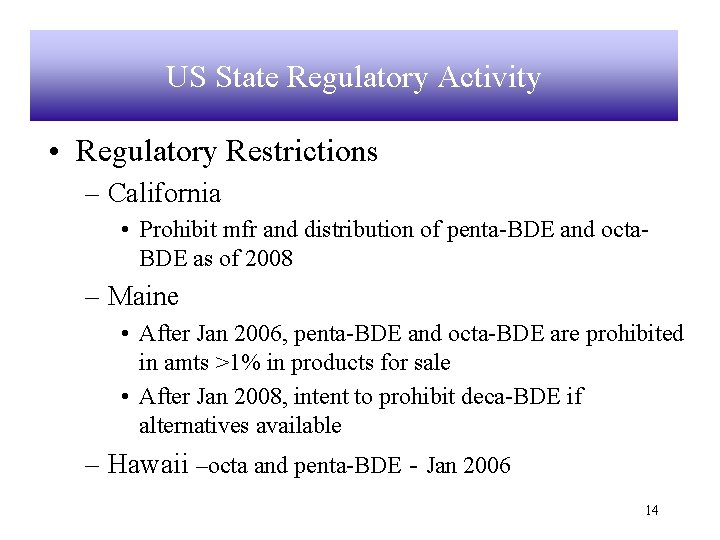 US State Regulatory Activity • Regulatory Restrictions – California • Prohibit mfr and distribution