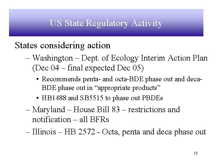 US State Regulatory Activity States considering action – Washington – Dept. of Ecology Interim