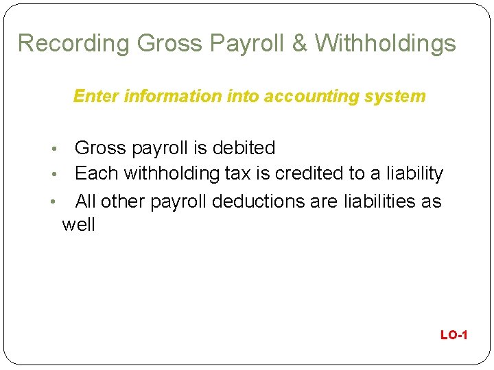 Recording Gross Payroll & Withholdings Enter information into accounting system Gross payroll is debited