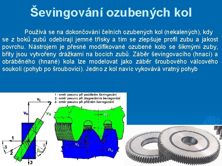 Ševingování ozubených kol Používá se na dokončování čelních ozubených kol (nekalených), kdy se z