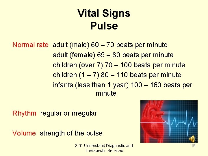 Vital Signs Pulse Normal rate adult (male) 60 – 70 beats per minute adult