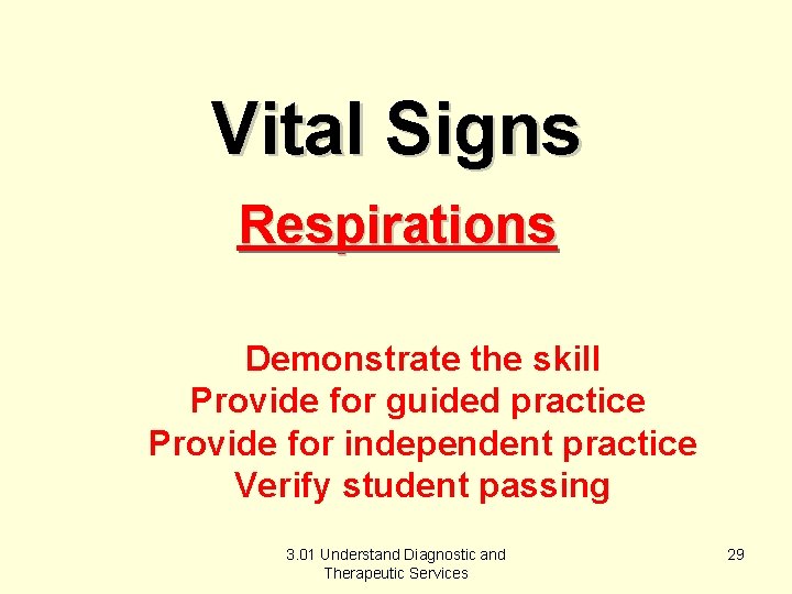 Vital Signs Respirations Demonstrate the skill Provide for guided practice Provide for independent practice