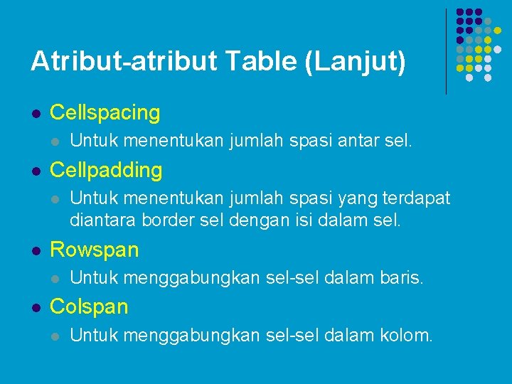 Atribut-atribut Table (Lanjut) l Cellspacing l l Cellpadding l l Untuk menentukan jumlah spasi