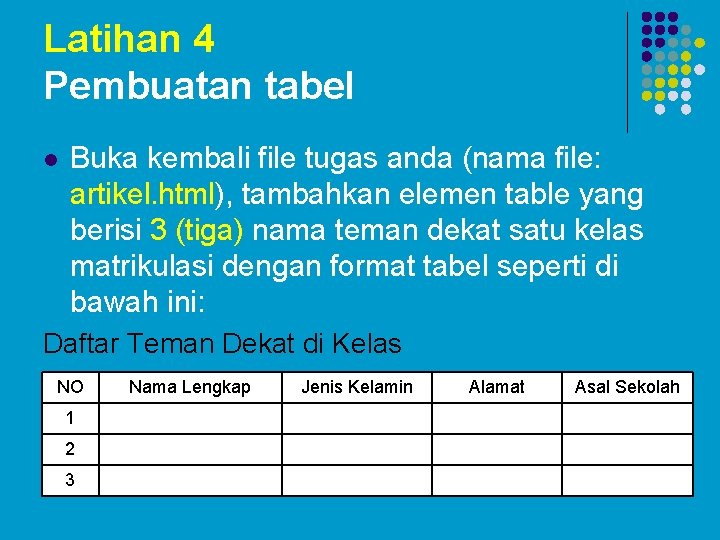 Latihan 4 Pembuatan tabel l Buka kembali file tugas anda (nama file: artikel. html),